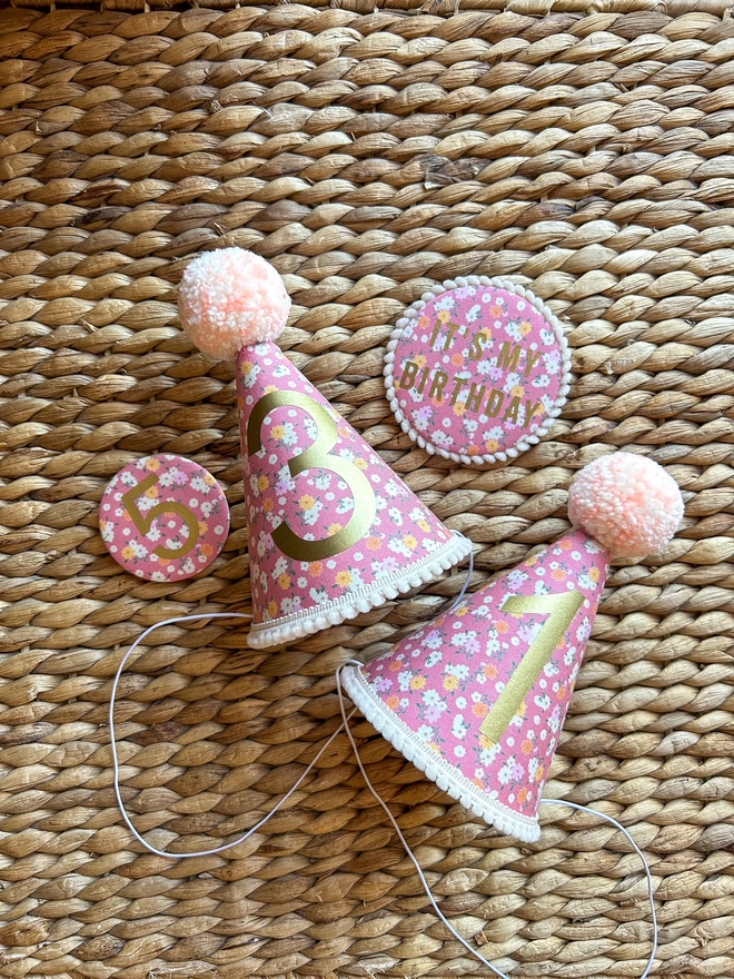 Maisy Pink Floral Print Party Hats and Birthday badges