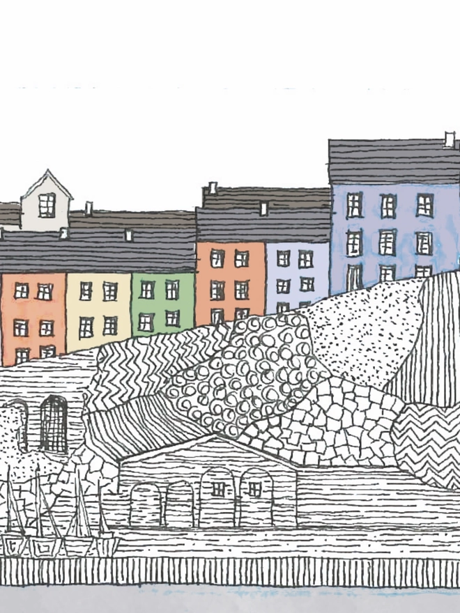 Print of detailed pen and watercolour drawing of Tenby harbour and cliffside houses in a soft white mount