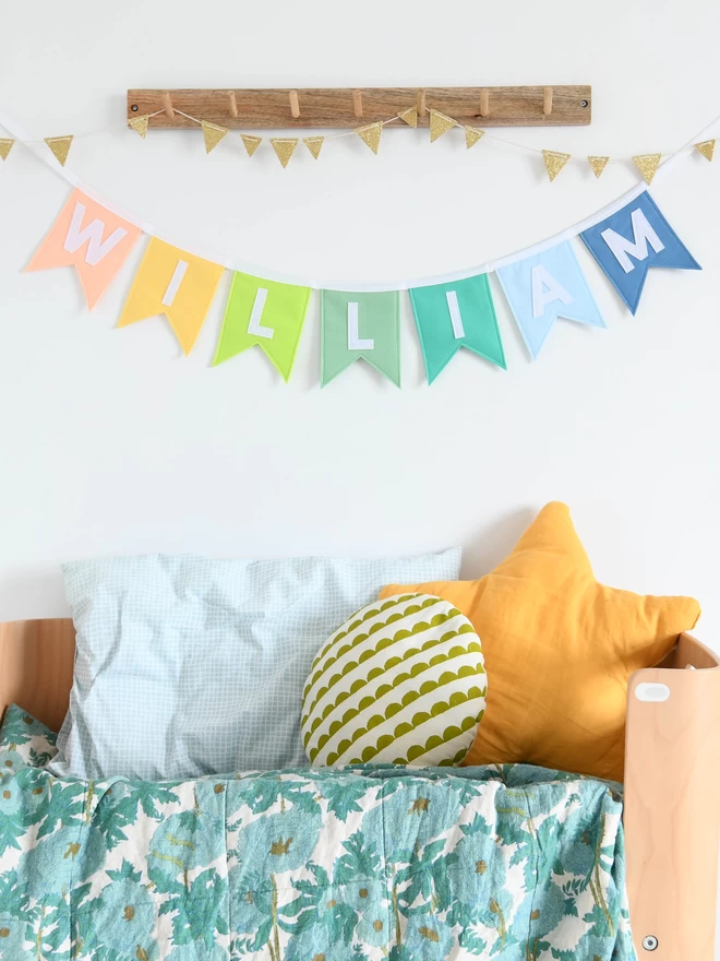 Yellow and blue name bunting.
