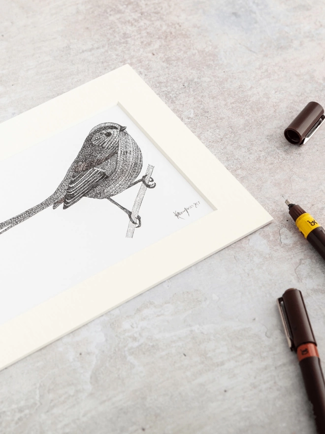 Print of intricately patterned pen and watercolour drawing of a Long-tailed tit bird, in a soft white mount