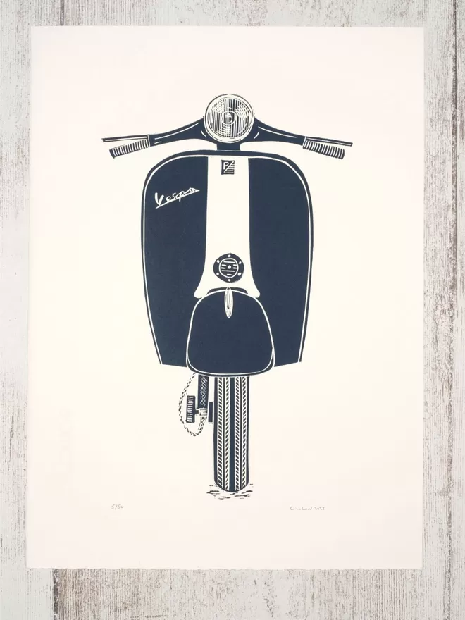 Picture of a Vespa, taken from an original Lino Print 