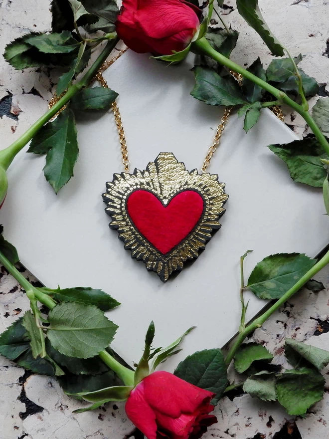 plant based red velvet sacred heart pendant, large, with roses