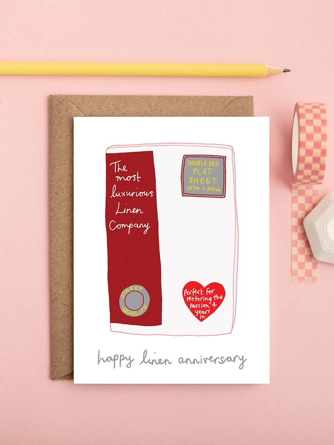 Cute and cheeky fourth wedding anniversary card featuring linen 