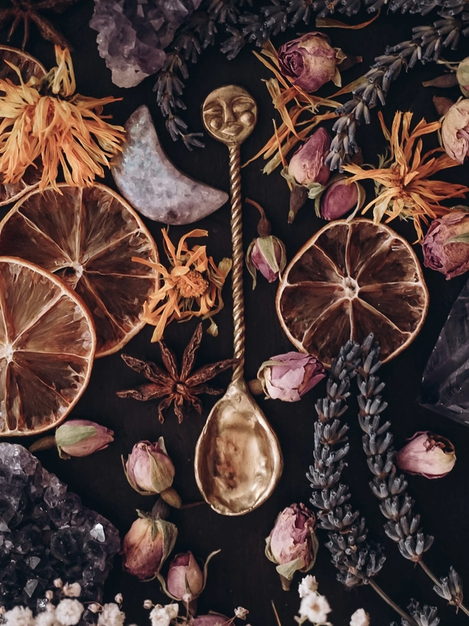 An image of a gold toned brass spoon with a twisted stem and a hand carved moon face on the handle. The spoon lays on a black background surrounded by dried flowers, crystals and dried orange slices 