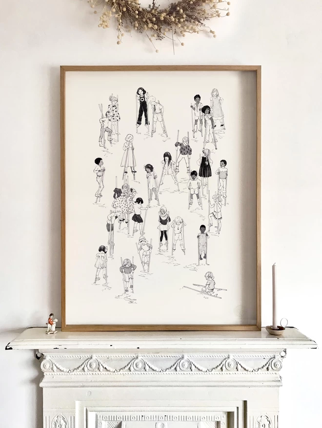 Large framed art print of children on stilts