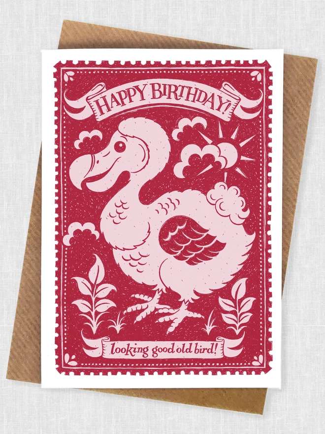 pink dodo old bird birthday card with kraft envelope