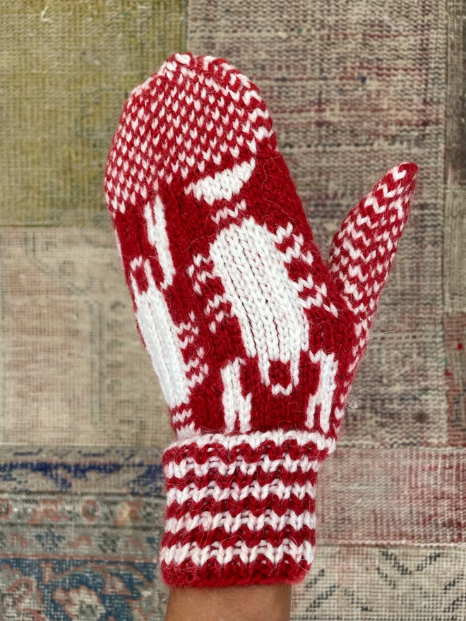 Lobster mittens hand knitted red front close up