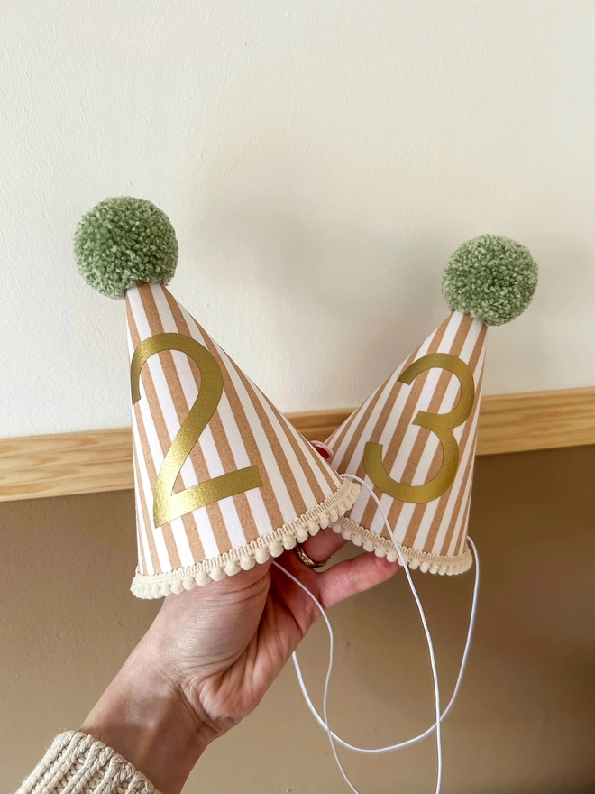Caramel Party Hats with Green Pom Poms
