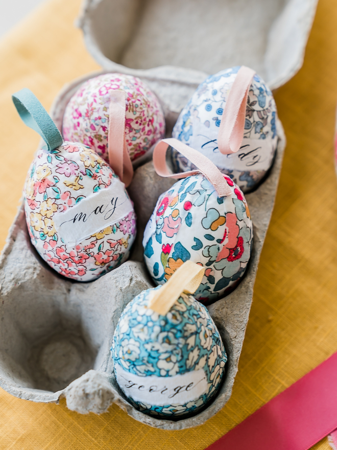 Personalised Liberty fabric decorative eggs in an egg carton