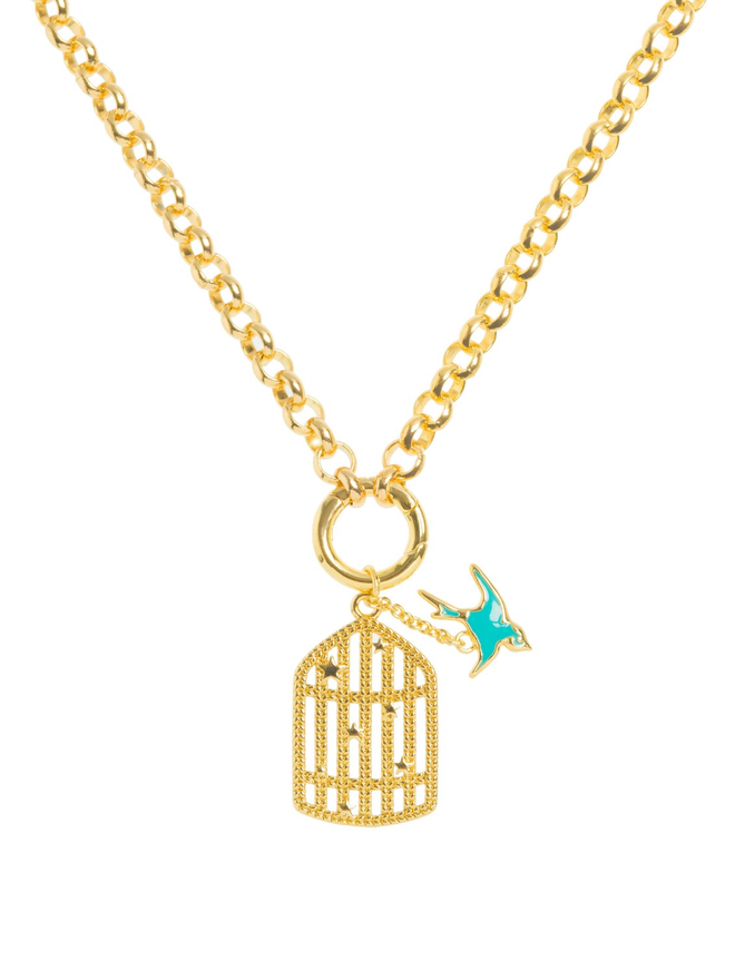 Gold cage and free bird charm hanging from a gold belcher chain representing Maya Angelou and hanging against a white background