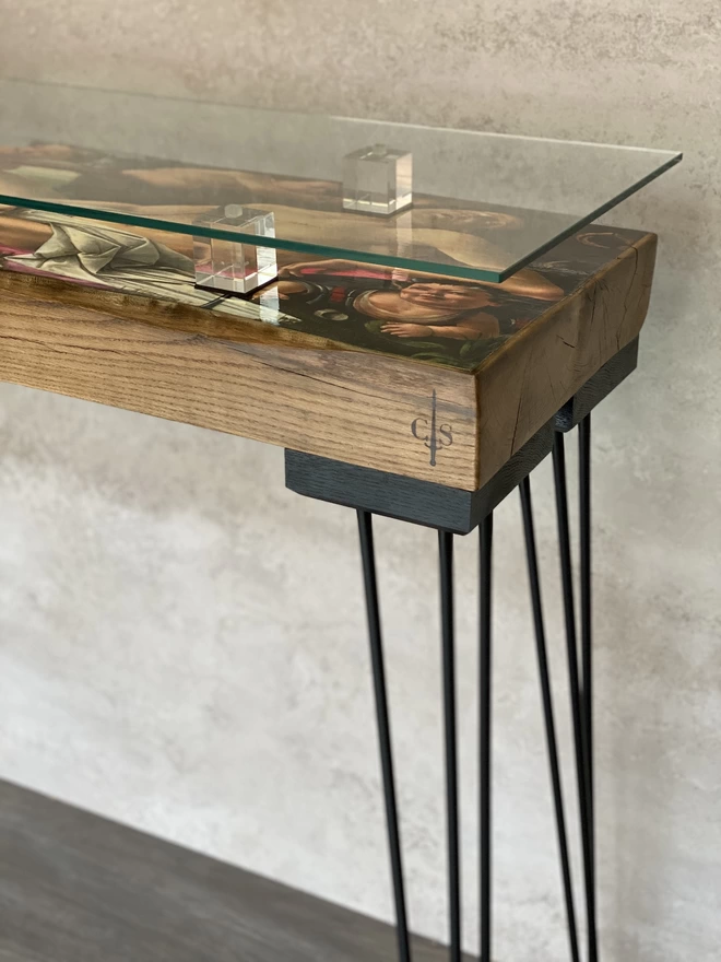natural oak console table with crystal block support and glass top