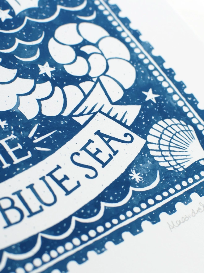 detail of blue and white watercolour hand lettering