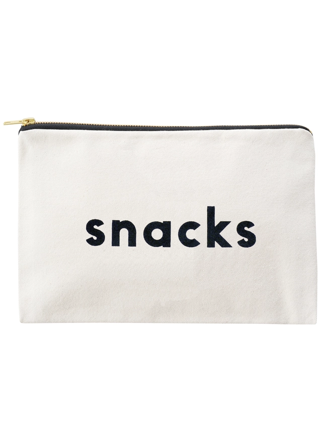 a natural canvas zip pouch with the words snacks