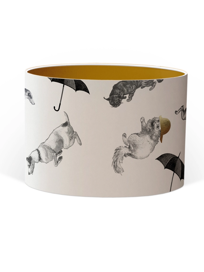 Drum Lampshade featuring cats and dogs ‘raining’ from the sky with a Gold inner on a white background