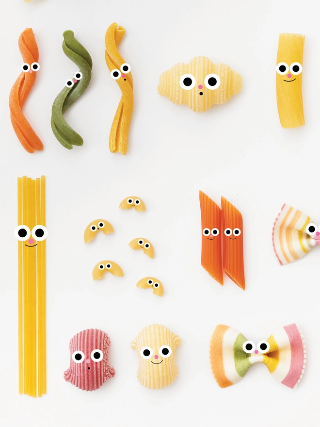 A selection of colourful pasta with faces 
