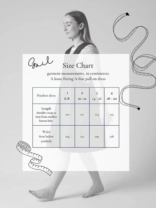 Gail A line pinafore garment measurements chart.