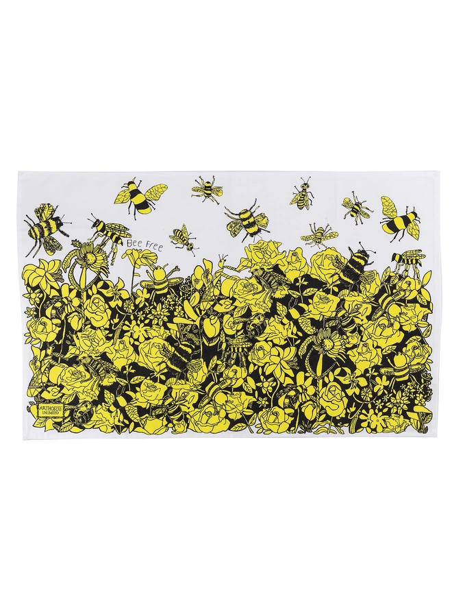 Close up of bee free 100% organic cotton yellow & black bee illustrated charity tea towel 