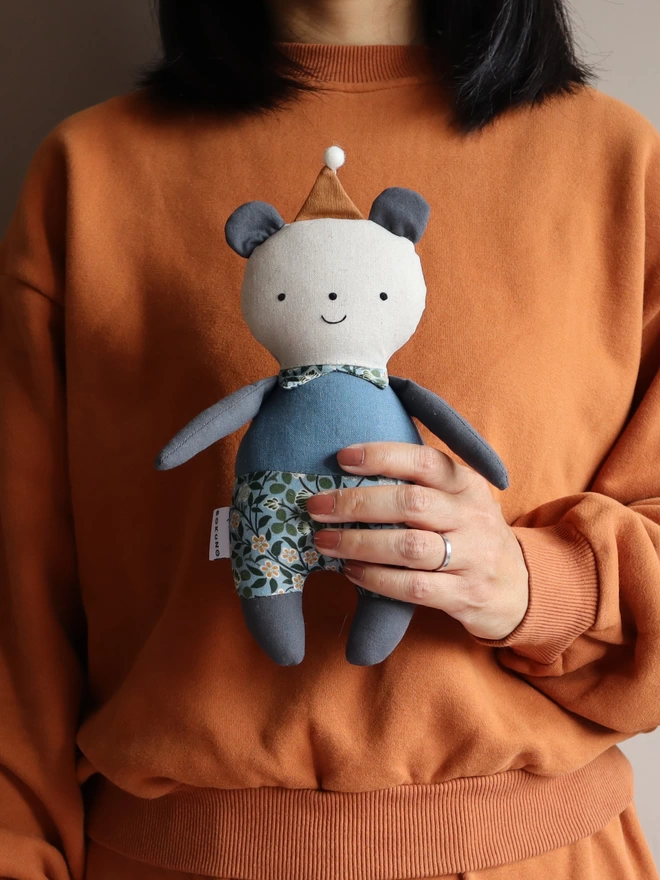 fabric panda doll in blue linen and william morris print outfit 