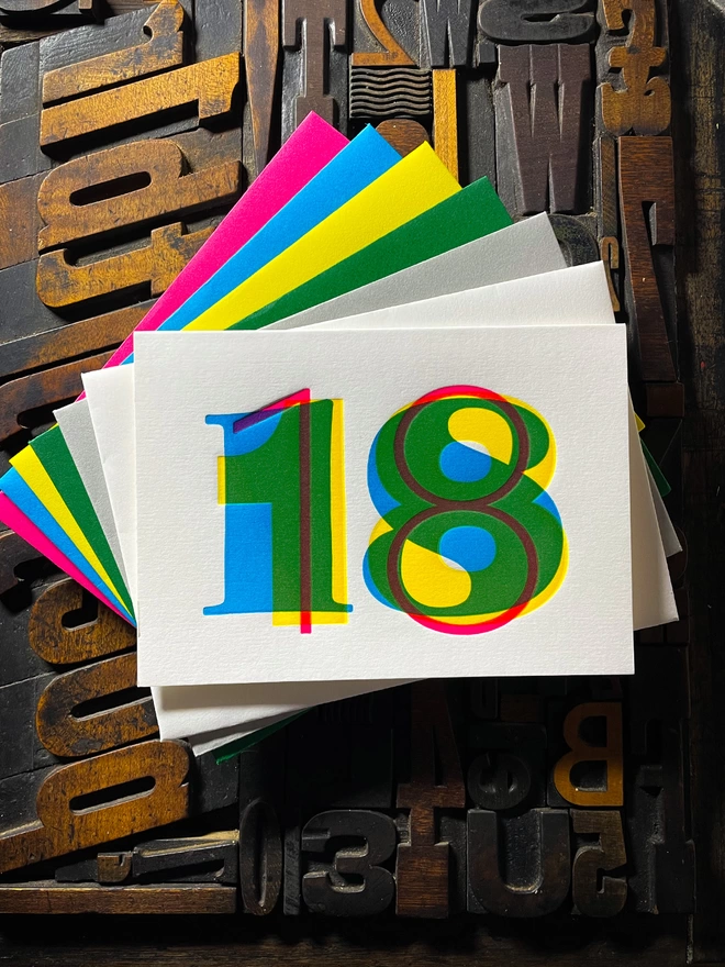 18th birthday anniversary typographic letterpress card. Deep impression print. Unique with no print being the same. They show slight colour variations adding to the style. Also available in other milestones : 1, 2, 3, 18, 21, 30, 40, 50, 60, 70, 80.