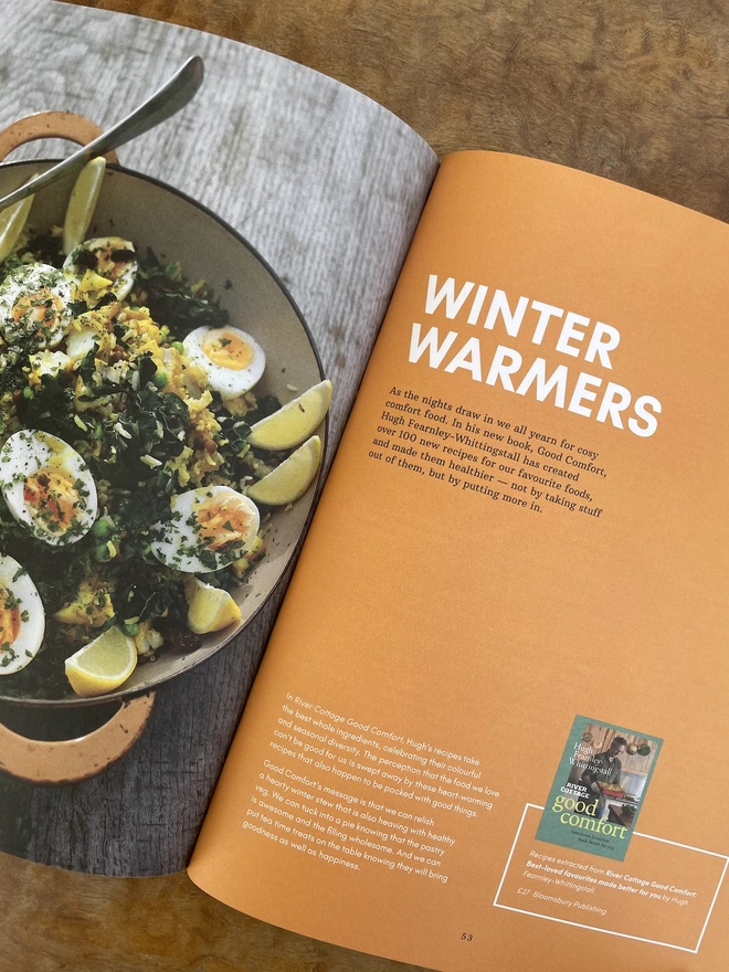 article showing a title 'winter warmers'' and a photograph of a plate of kedgeree from Hugh Fearnley Whittingstall's book Good Comfort