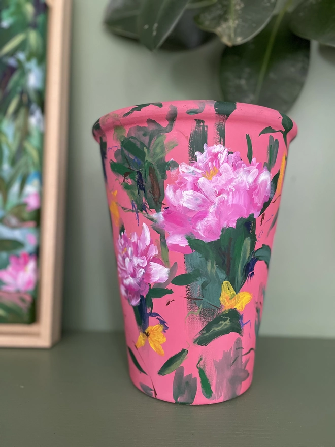 Neon Pink Floral Hand Painted Planter