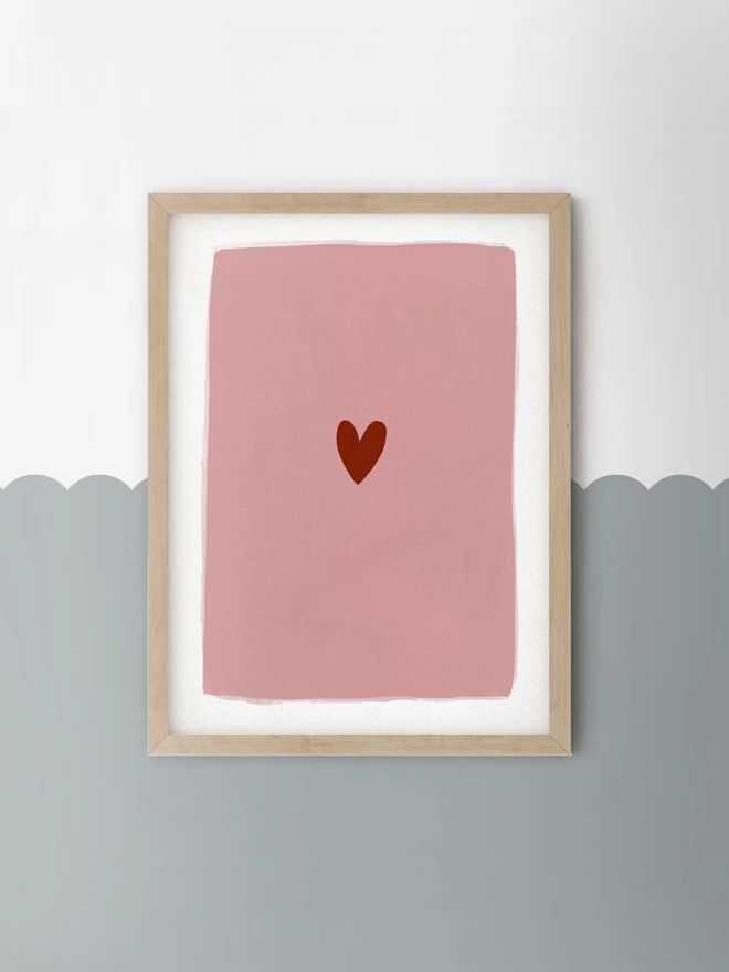 Pink and Red Heart print in frame on scallop painted wall