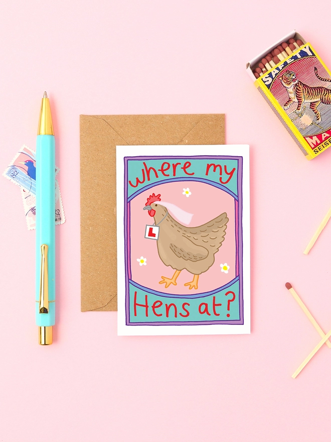 A mini card invitation for a hen do featuring a hen and the words 'where my hens at?'