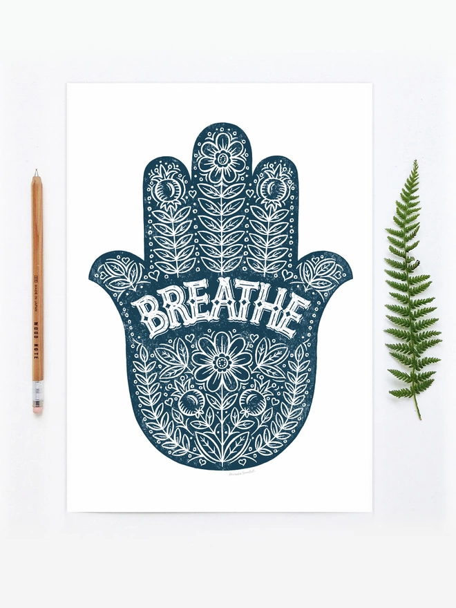 blue breathe yoga hand print unframed with fern and pencil