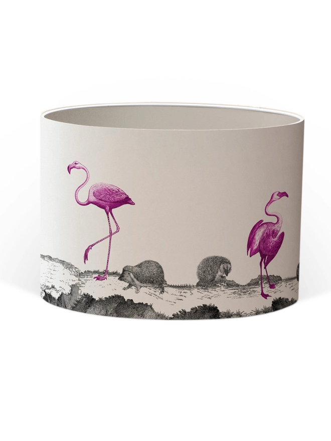 Drum Lampshade featuring pink flamingos and hedgehogs with a white inner on a white background