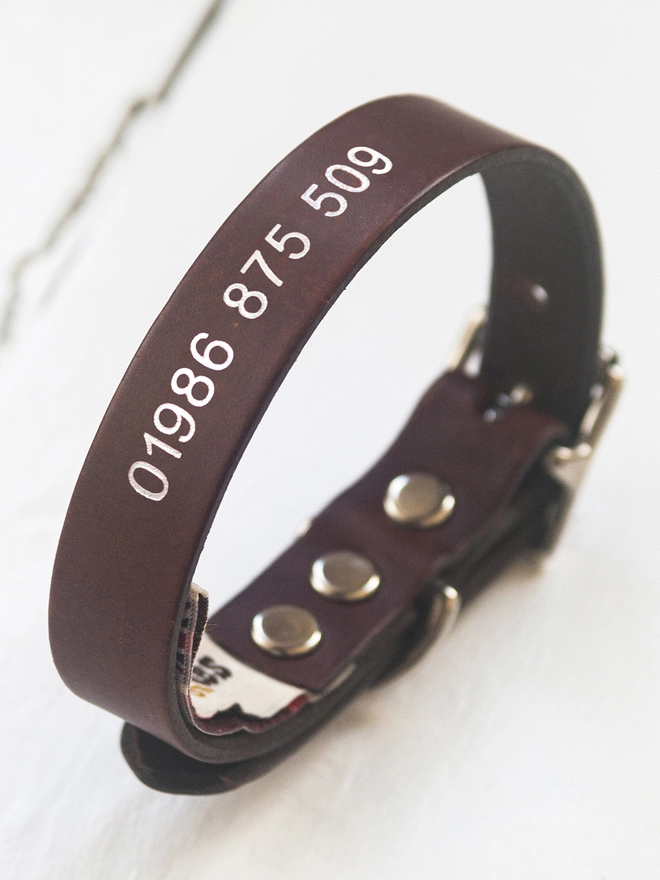 Personalised Leather Dog Collar with Your Dog's Contact Number Printed into the Leather