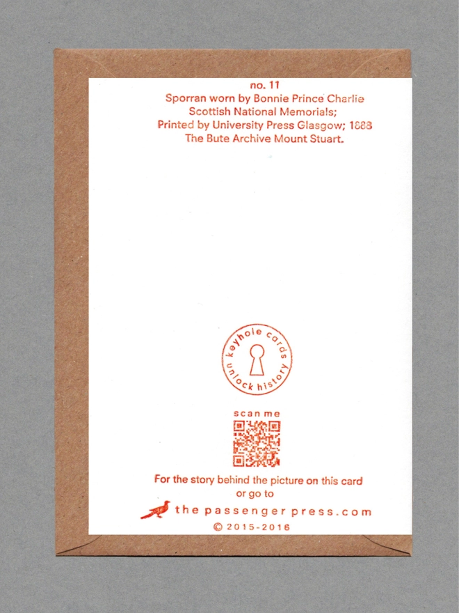 Back face of a white card on a brown envelope. Printed orange text, logo and QR code.