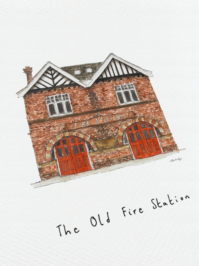 Beautiful watercolour illustration of The Old Fire Station in Tonbridge.  A brick building with two red framed arched double doors. The watercolour style is painted with a black pen outline and organic loose style with small details. A photo taken at an angle showing some of the detail. 