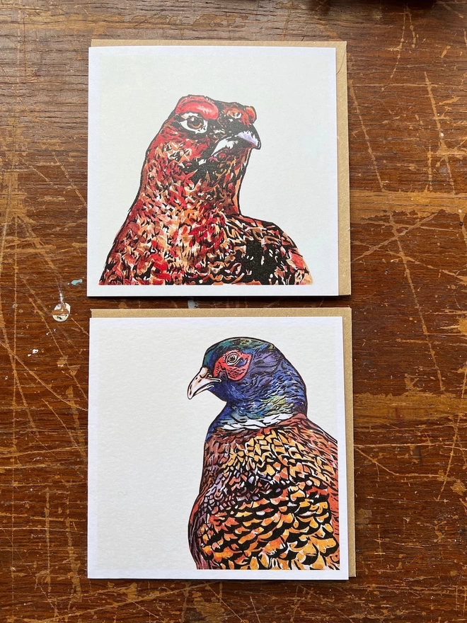 red grouse and pheasant linocut art cards