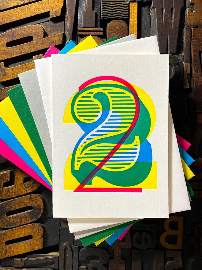 2nd birthday anniversary typographic letterpress card. Deep impression print. Unique with no print being the same. They show slight colour variations adding to the style. Also available in other milestones : 1, 3, 16, 18, 21, 30, 40, 50, 60, 70, 80.