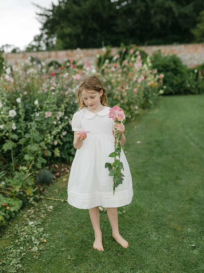 A little girl stands in a garden holding a flower with a white dress on