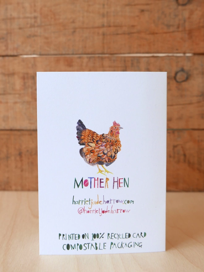 The back of the card showing the small hen with Mother Hen written in colourful letters below