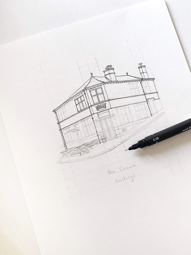 Pencil sketch work in progress of The Crown in Hastings a beautiful brick fronted pub with a characterful appearance and a metalwork crown sitting above the entrance door.