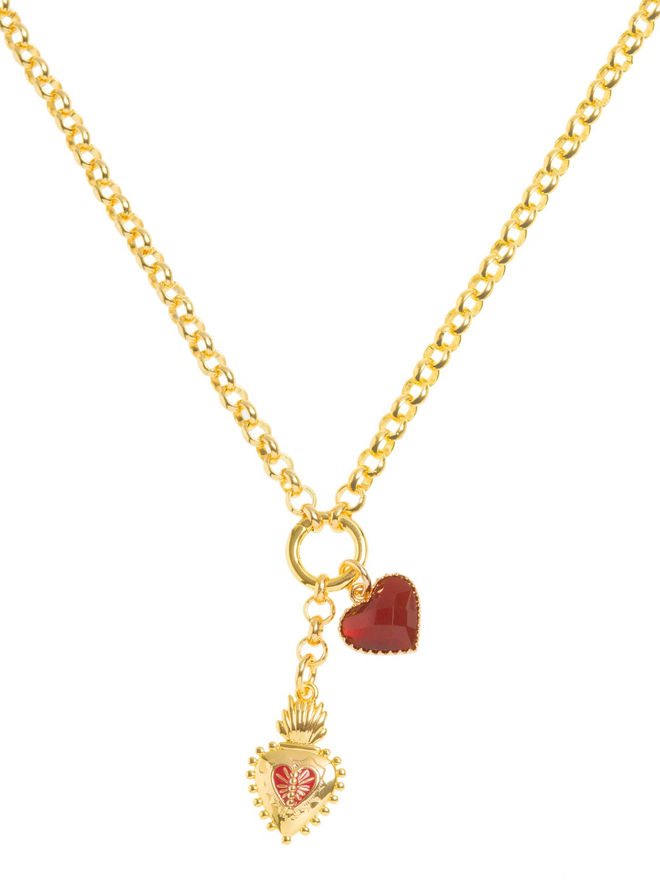 Gold belcher chain necklace with two red heart charms on a white background