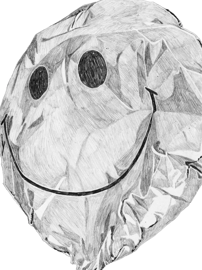 Detail of crumpled smiley balloon art print