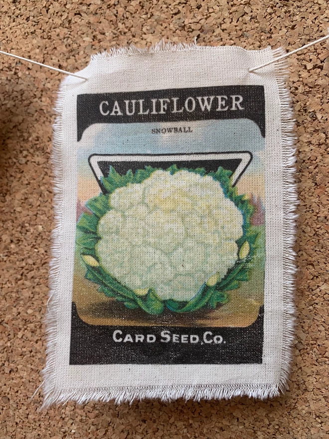 A cauliflower seed packet print on canvas
