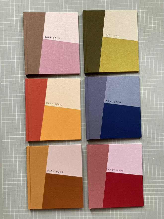 The six cover colour-way choices for the Keep Collect Patchwork baby book 