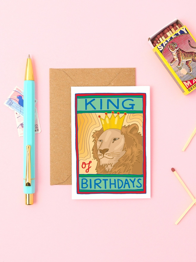 The King Of Birthdays! A mini birthday card for a male featuring a lion