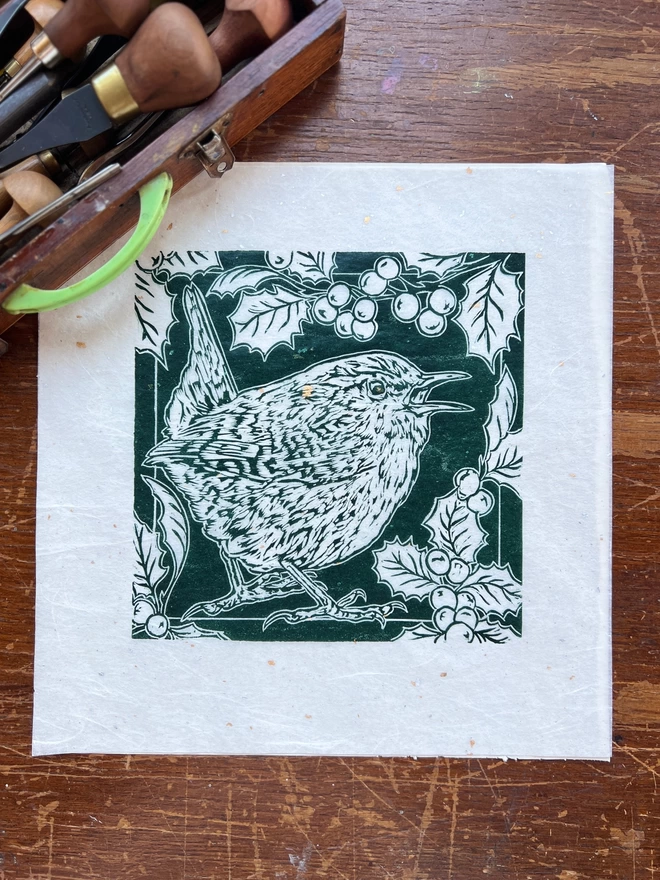Holly and wren lino cut print