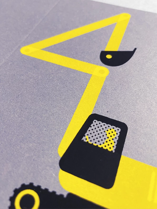 Close up of a yellow and black digger, with its arm bent into a number 4 shape - screenprinted onto a grey card. 