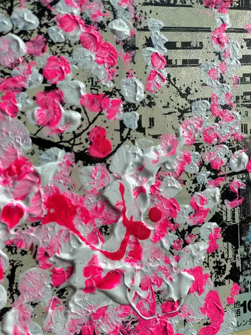 White, pink and red oil and acrylic paint depicting abstract Japanese blossom 