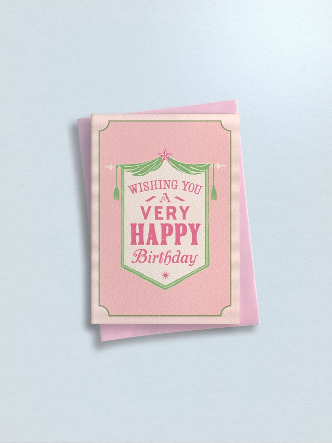 'Happy Birthday Banner' Charity Greeting Cards in pink and green vintage aesthetic cottage core