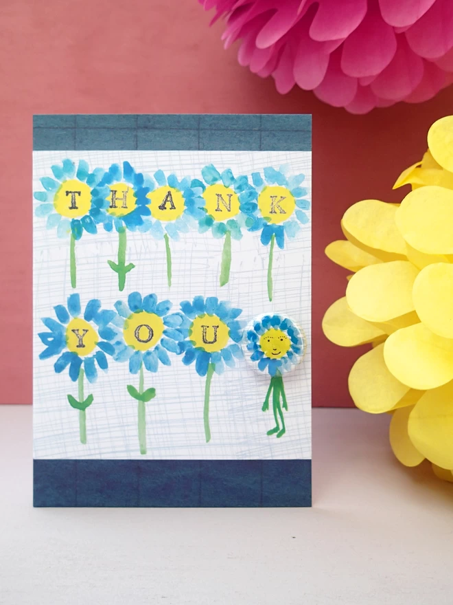 Thank you greeting card with flowery pin badge