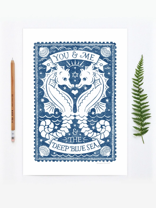 blue and white seahorse love print with postage stamp edge trim