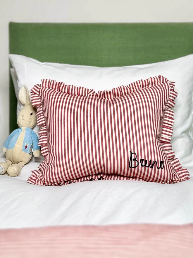 Personalised Red Candy Stripe Cushion With Frill
