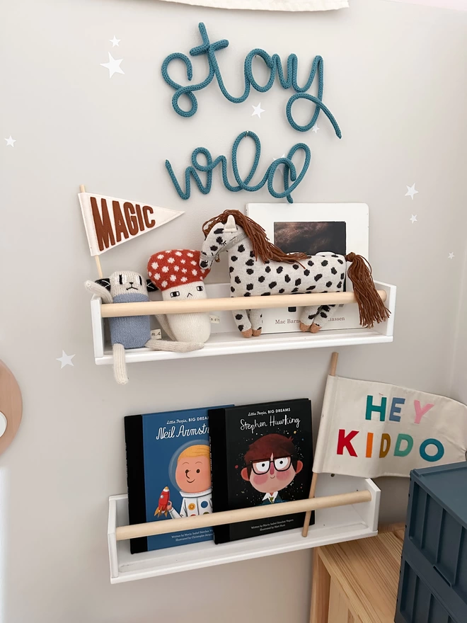 "stay wild" sign decorating the wall over some bookshelves in a playroom. 